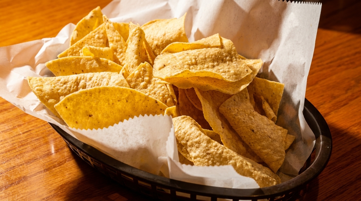 A basket of crispy, golden tortilla chips lined with white paper on a wooden table.