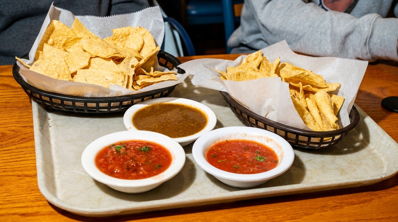 Two baskets of tortilla chips with three bowls of salsa on a tray at a restaurant.