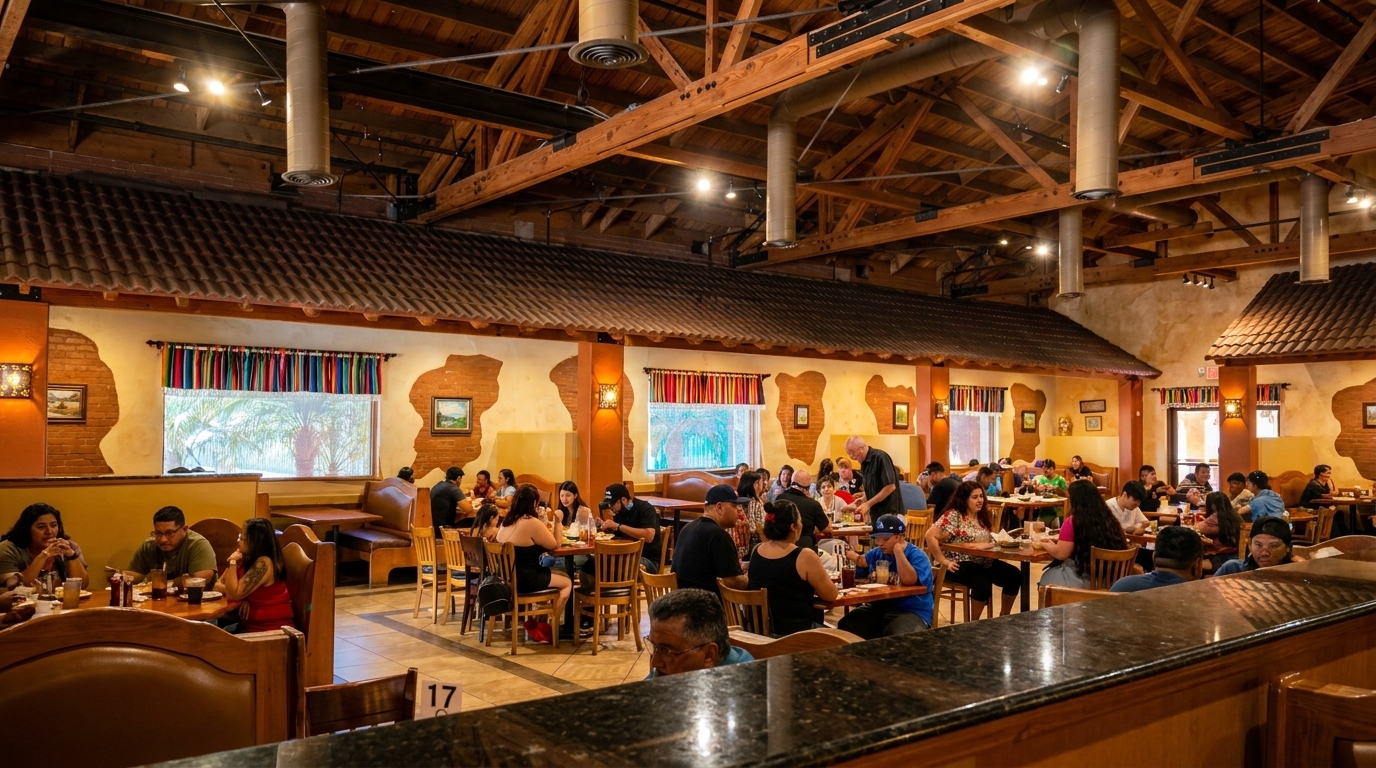 Spacious restaurant interior with high wooden ceilings, brick accents, and many patrons dining at tables.