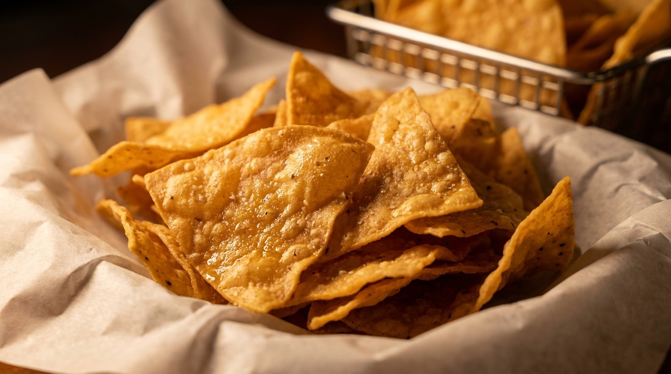 A basket of crispy, golden tortilla chips, lightly salted and served in white parchment paper.