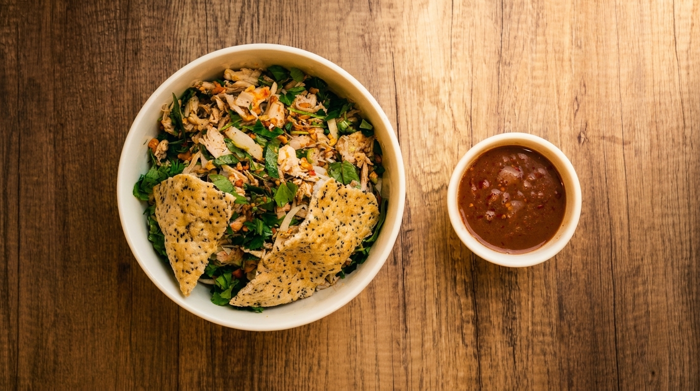Chicken salad with herbs and sesame crackers in a white bowl, with a side of dipping sauce.