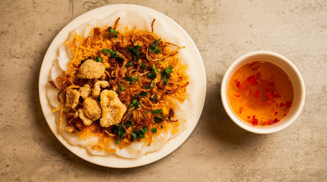 Vietnamese Banh Beo, steamed rice cakes with crispy pork rinds, fried shallots, and chili fish sauce.