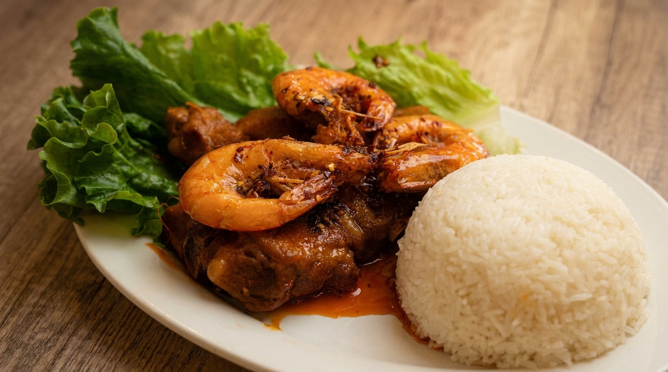 Plate of glazed shrimp and chicken with lettuce and a side of white rice.