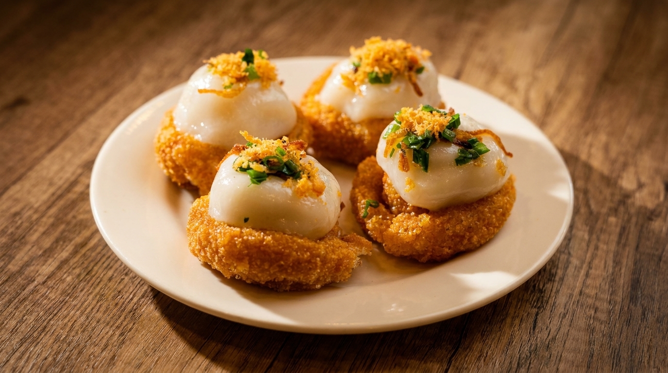 Four fried shrimp cakes topped with white steamed dumplings, crispy onions, and chives on a white plate.