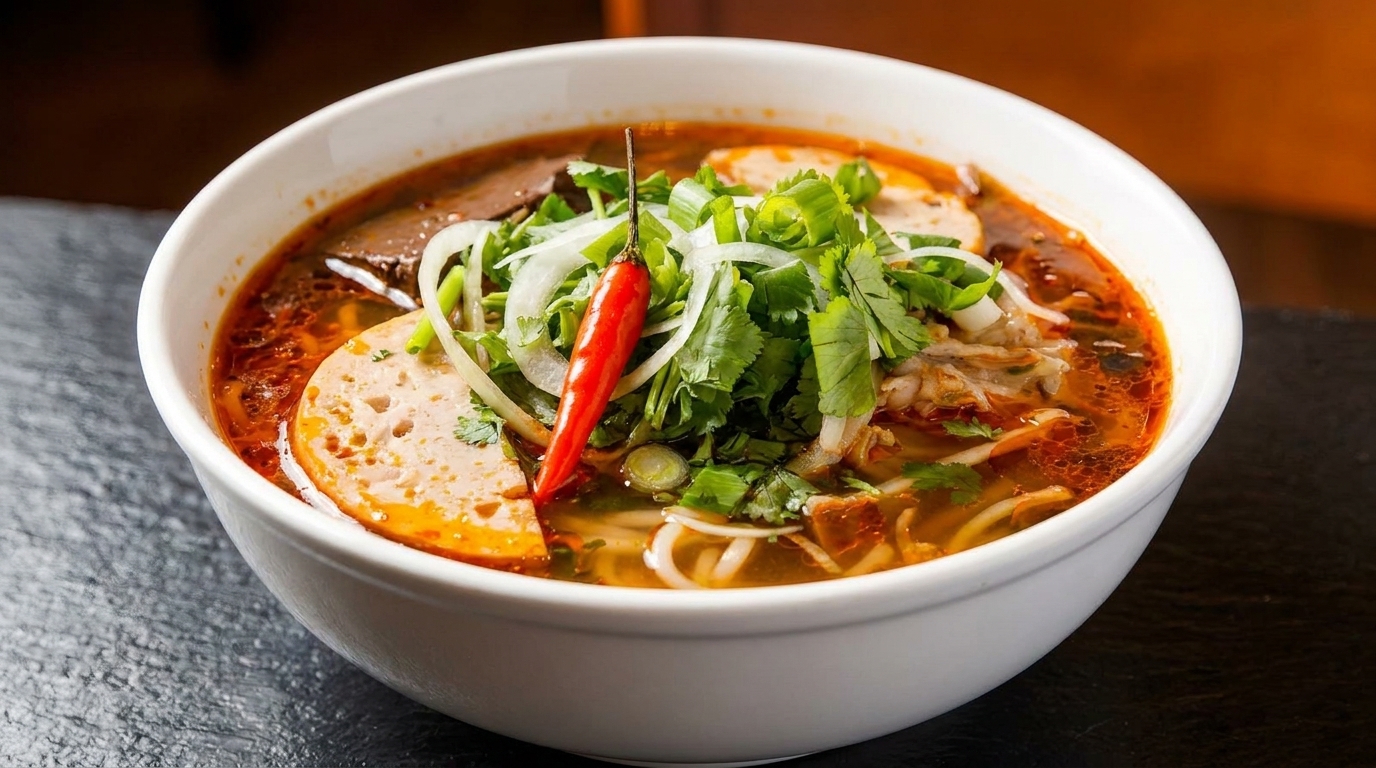 Spicy Vietnamese bun bo Hue soup with noodles, meat, herbs, and a red chili in a white bowl.