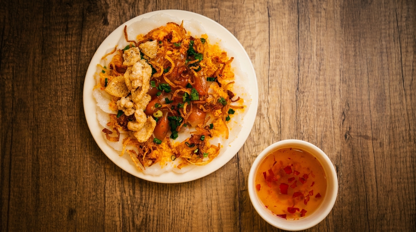 Vietnamese Banh Beo with crispy pork rinds, fried shallots, and a side of chili fish sauce.