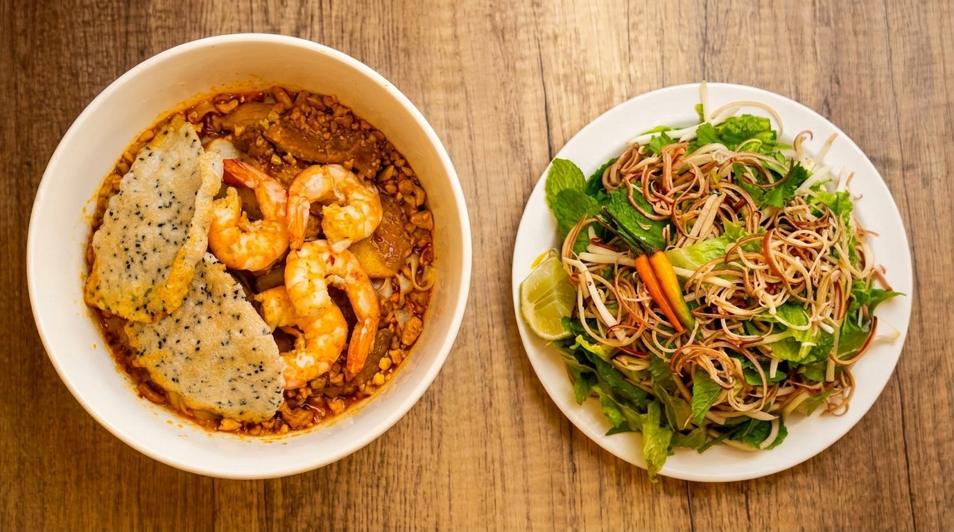 A bowl of shrimp and rice crackers next to a plate of fresh salad with lime.