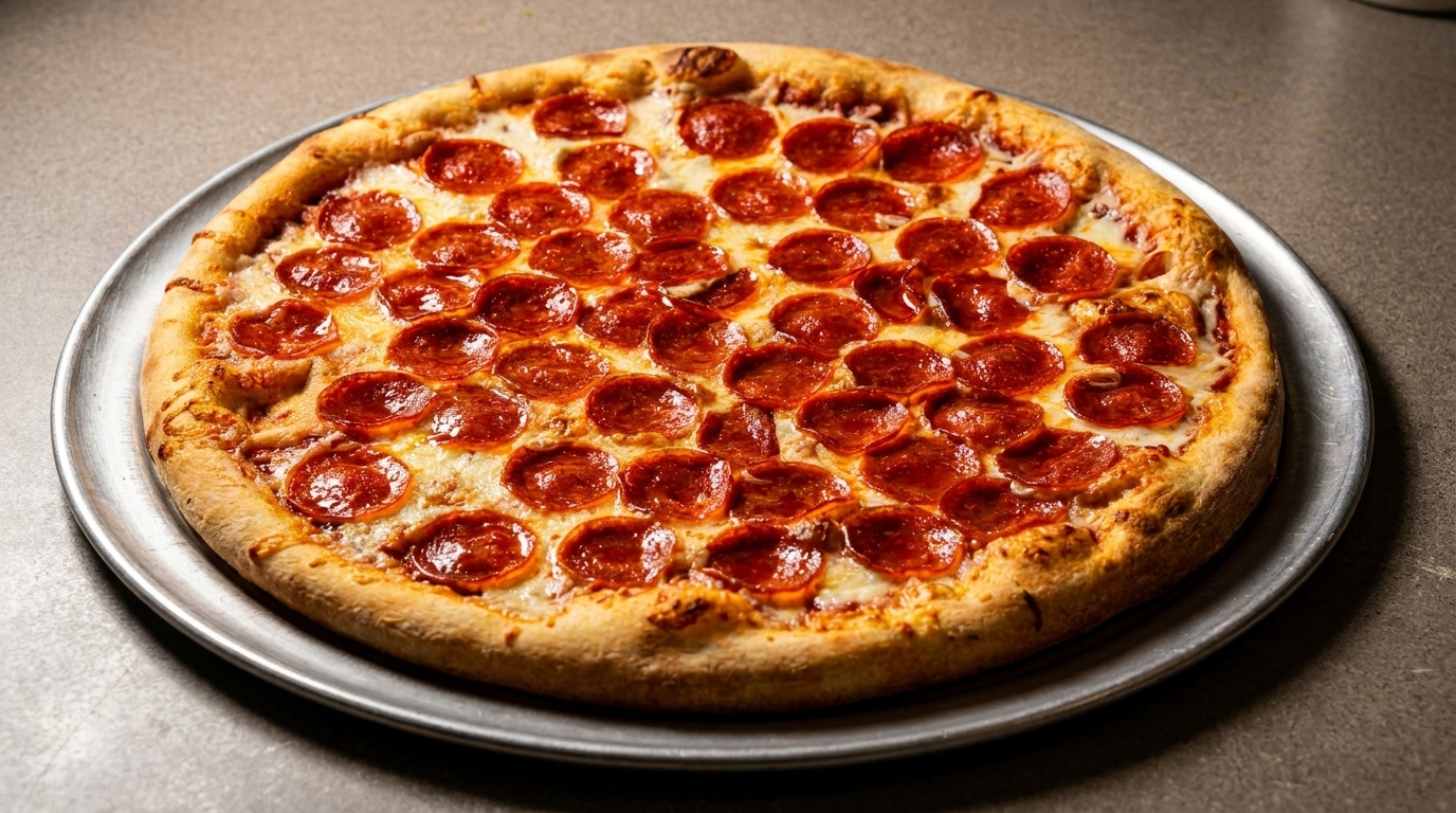 A whole pepperoni pizza with a golden crust sits on a metal tray.