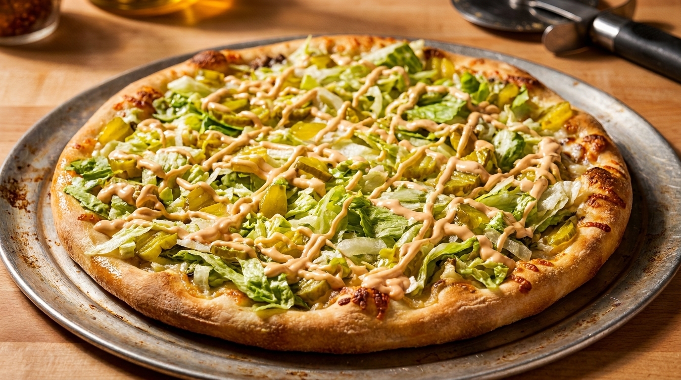 A Big Mac-style pizza with lettuce, pickles, and special sauce on a metal pan.