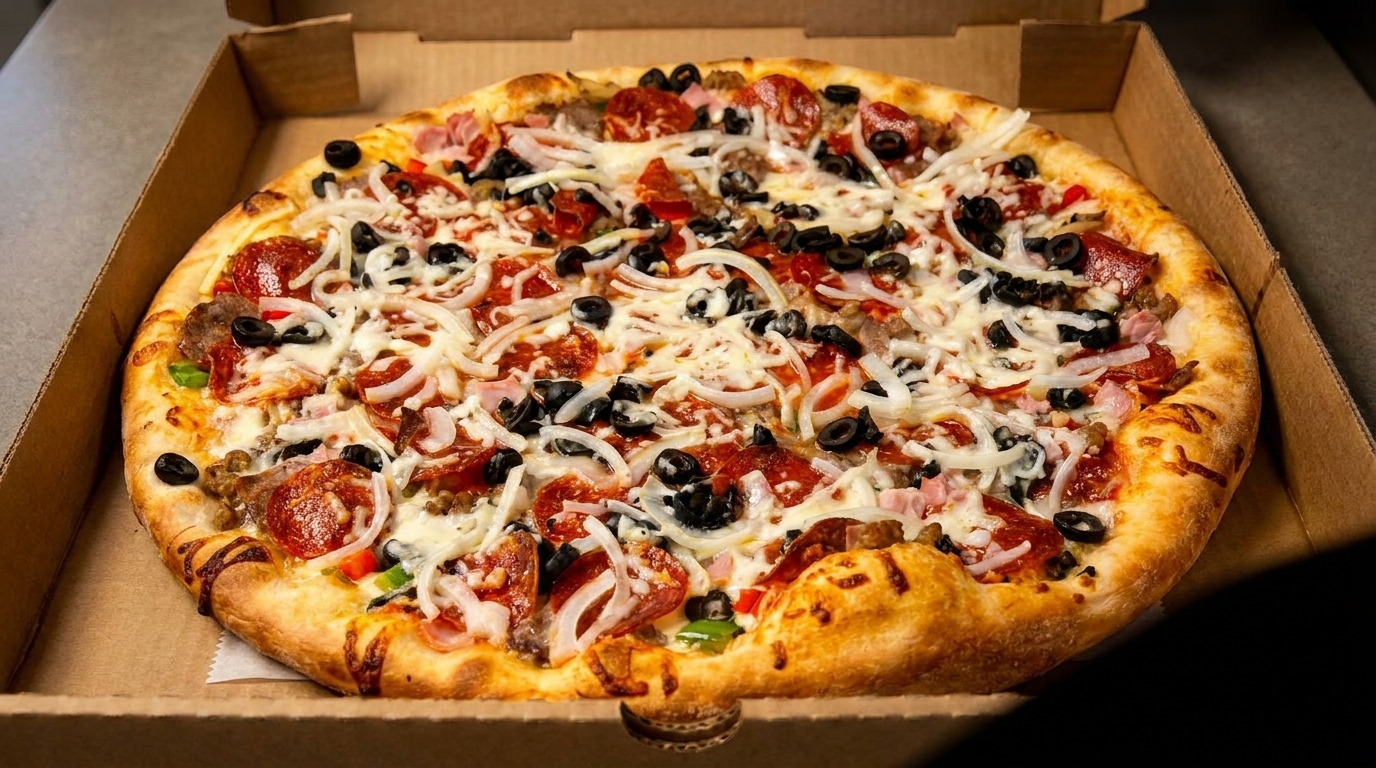 A large, hot pizza with pepperoni, sausage, ham, olives, and onions in a cardboard box.
