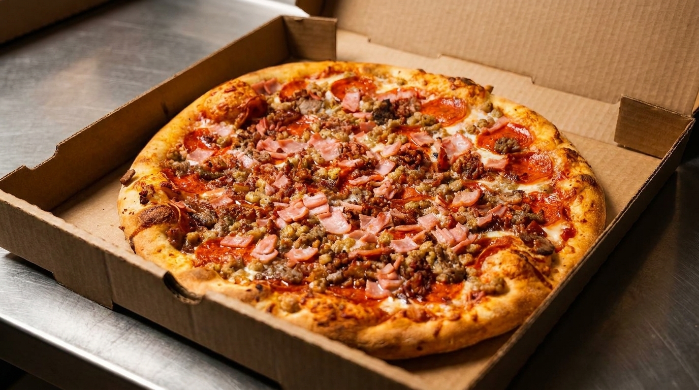 A hot, fresh meat lover's pizza with pepperoni, sausage, and ham in a cardboard delivery box.
