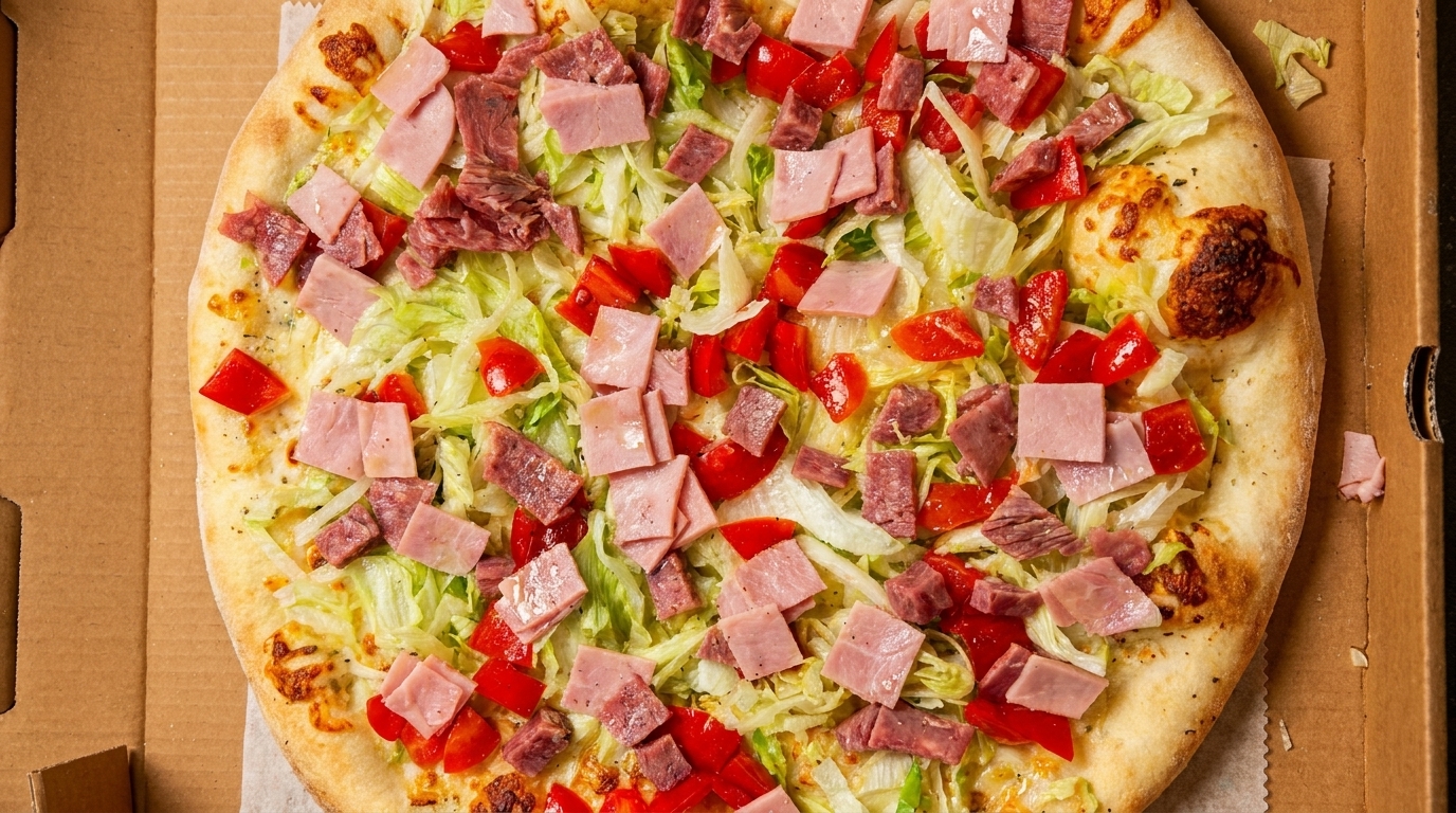 A whole pizza topped with shredded lettuce, diced red peppers, and cubed ham in a cardboard box.