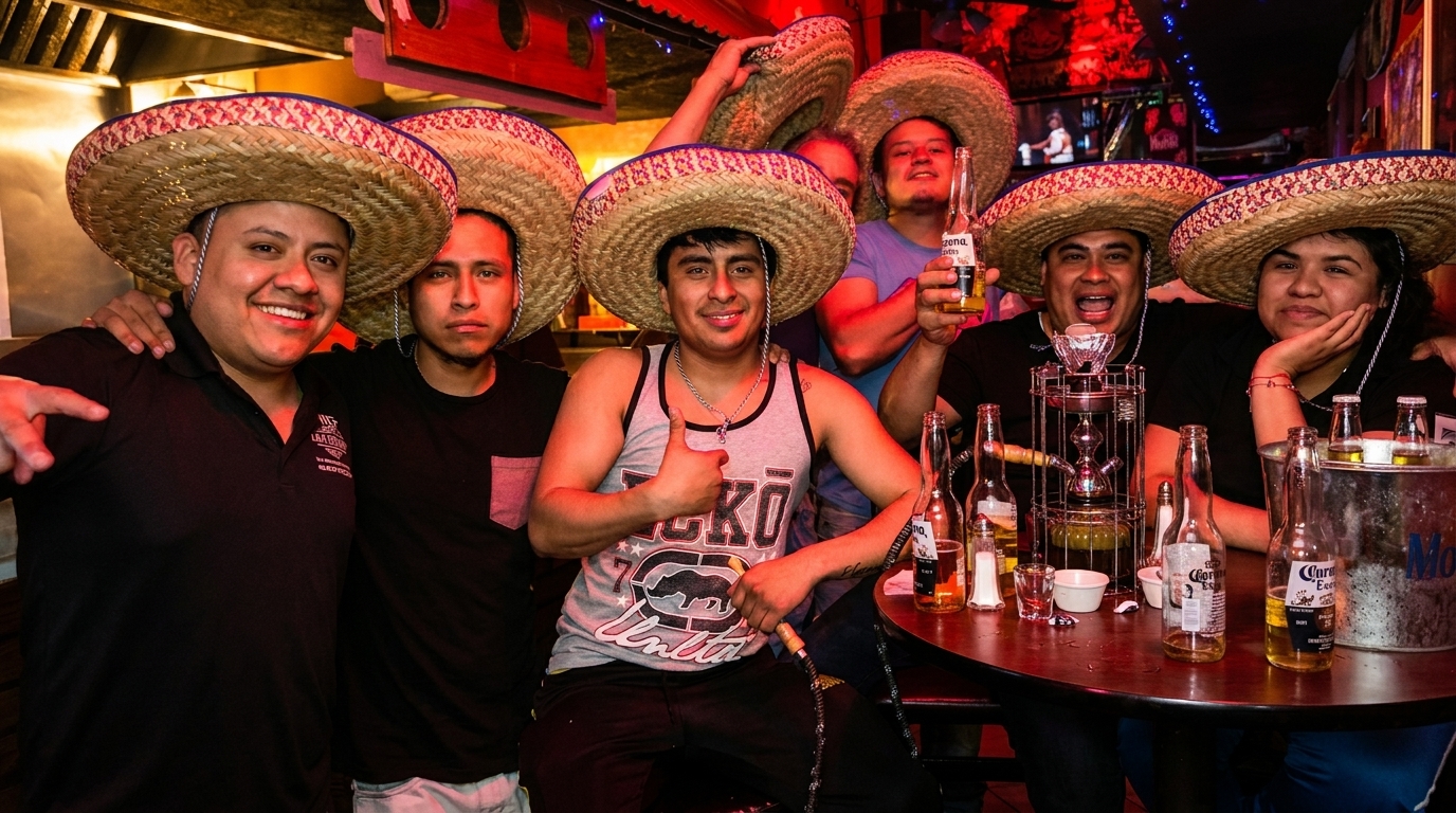 Group of smiling people wearing sombreros and drinking beer at a lively restaurant.