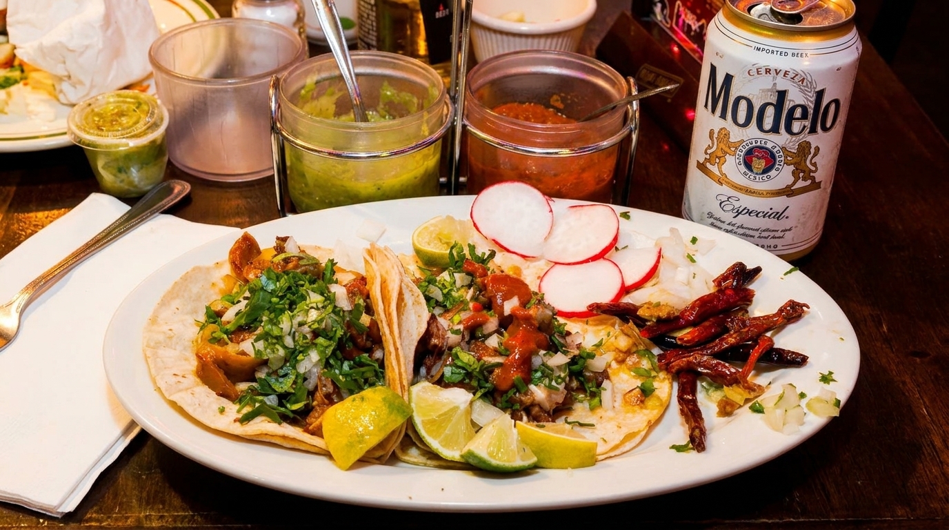 Three street tacos with various toppings, radishes, dried chilies, and a Modelo beer on a wooden table.