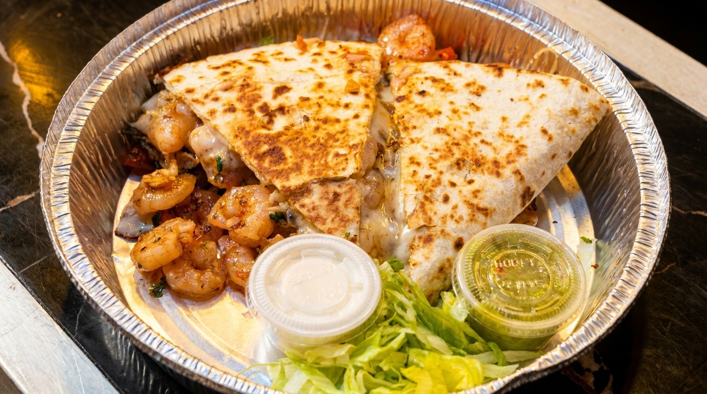 Shrimp quesadilla with melted cheese, lettuce, and two dipping sauces in a foil takeout container.