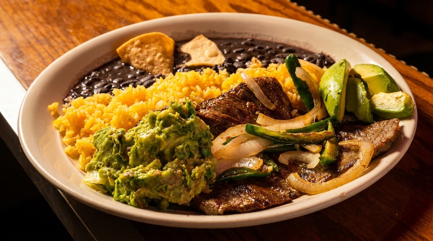 A plate of carne asada with rice, black beans, guacamole, avocado slices, and tortilla chips.
