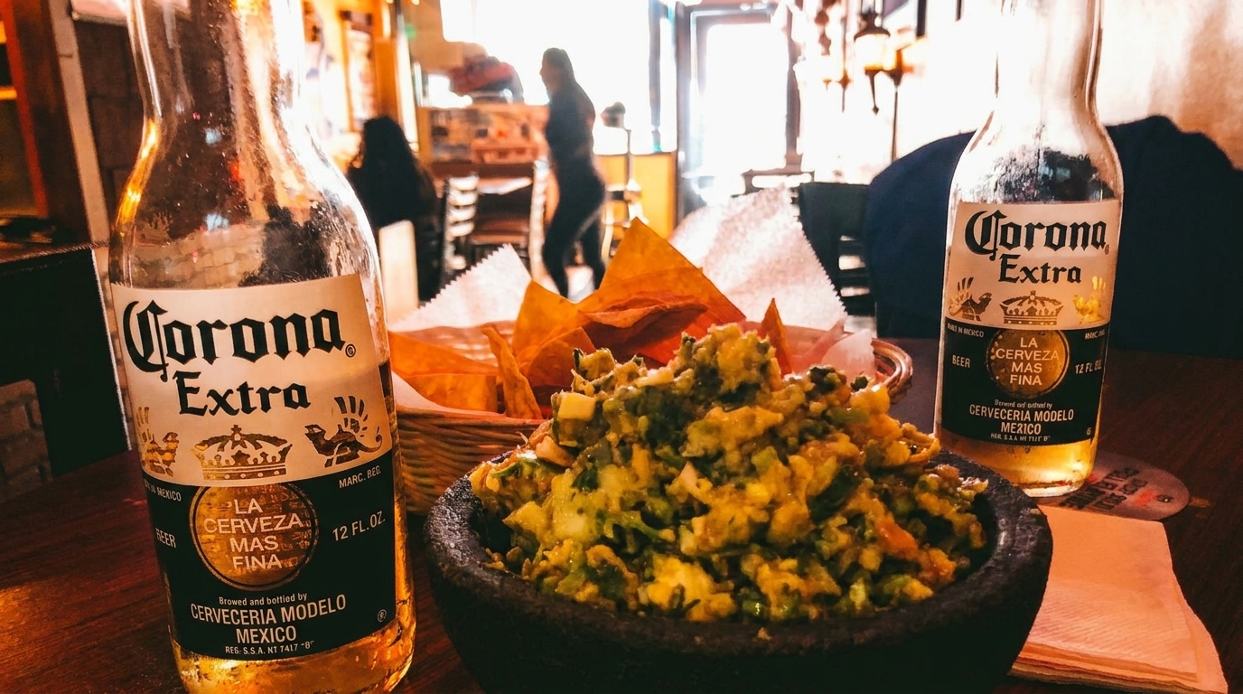 Two Corona Extra bottles flank a bowl of guacamole and a basket of tortilla chips on a table.