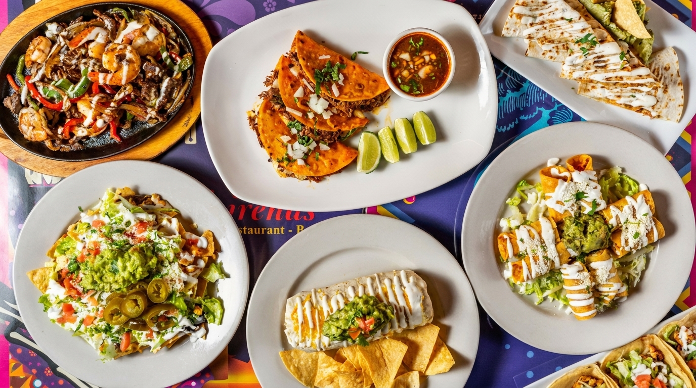 Overhead view of a vibrant spread of Mexican dishes, including fajitas, tacos, nachos, and a burrito.