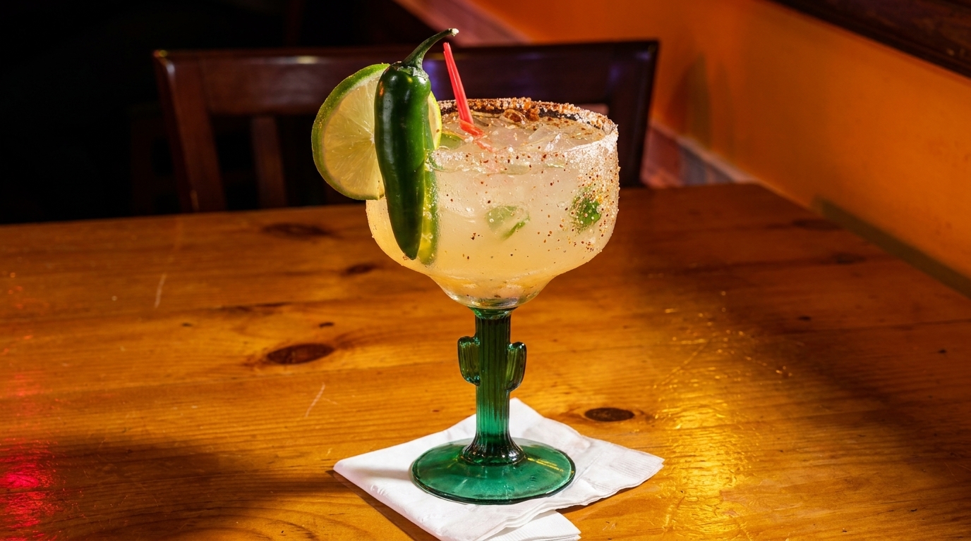 Spicy margarita in a cactus-stemmed glass, garnished with a lime slice and jalapeño on a wooden table.