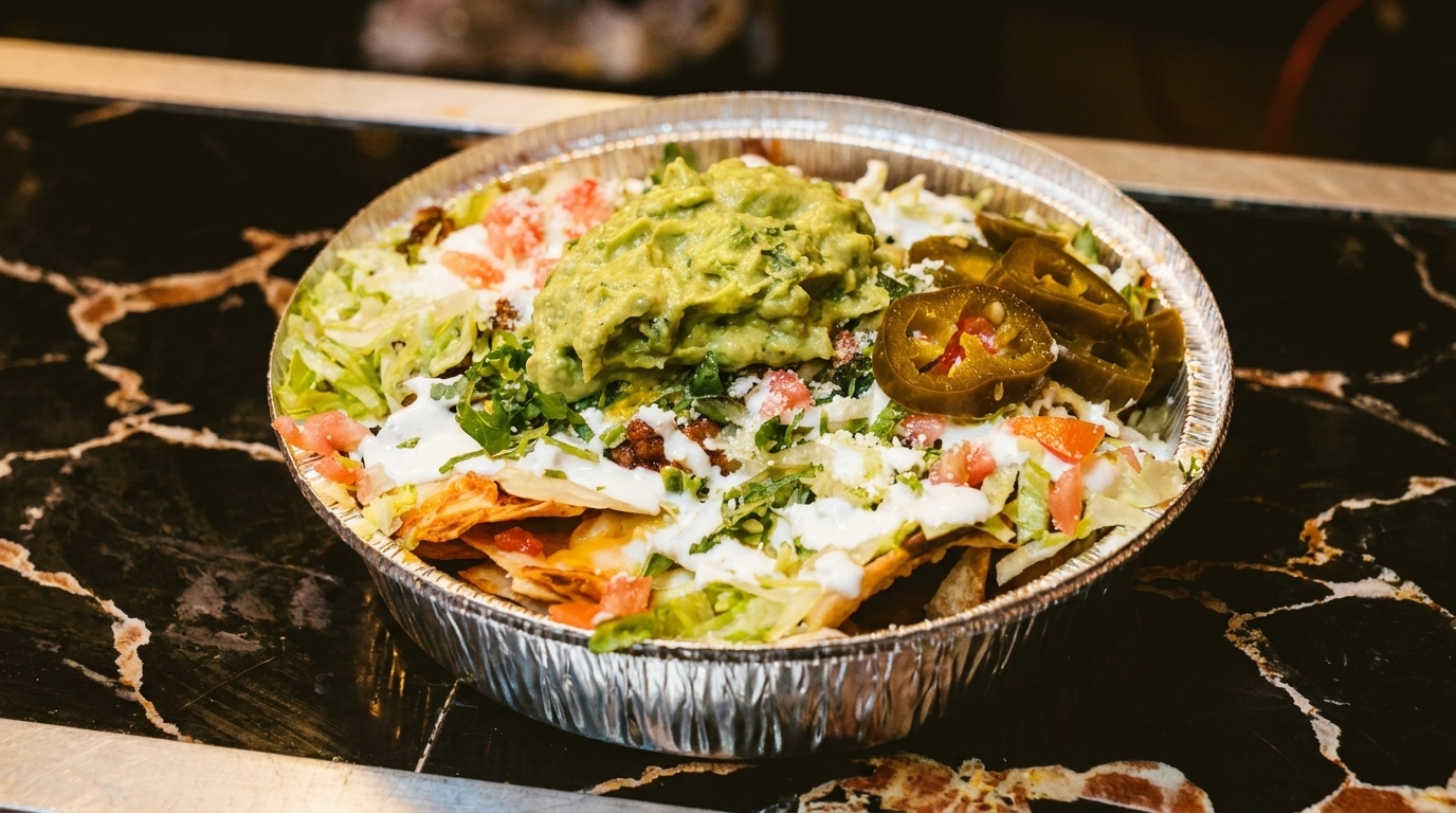 Nachos in a foil container topped with guacamole, jalapeños, lettuce, tomatoes, and sour cream.