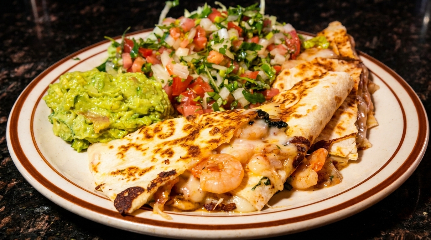 Shrimp quesadillas with melted cheese, served with guacamole and pico de gallo.