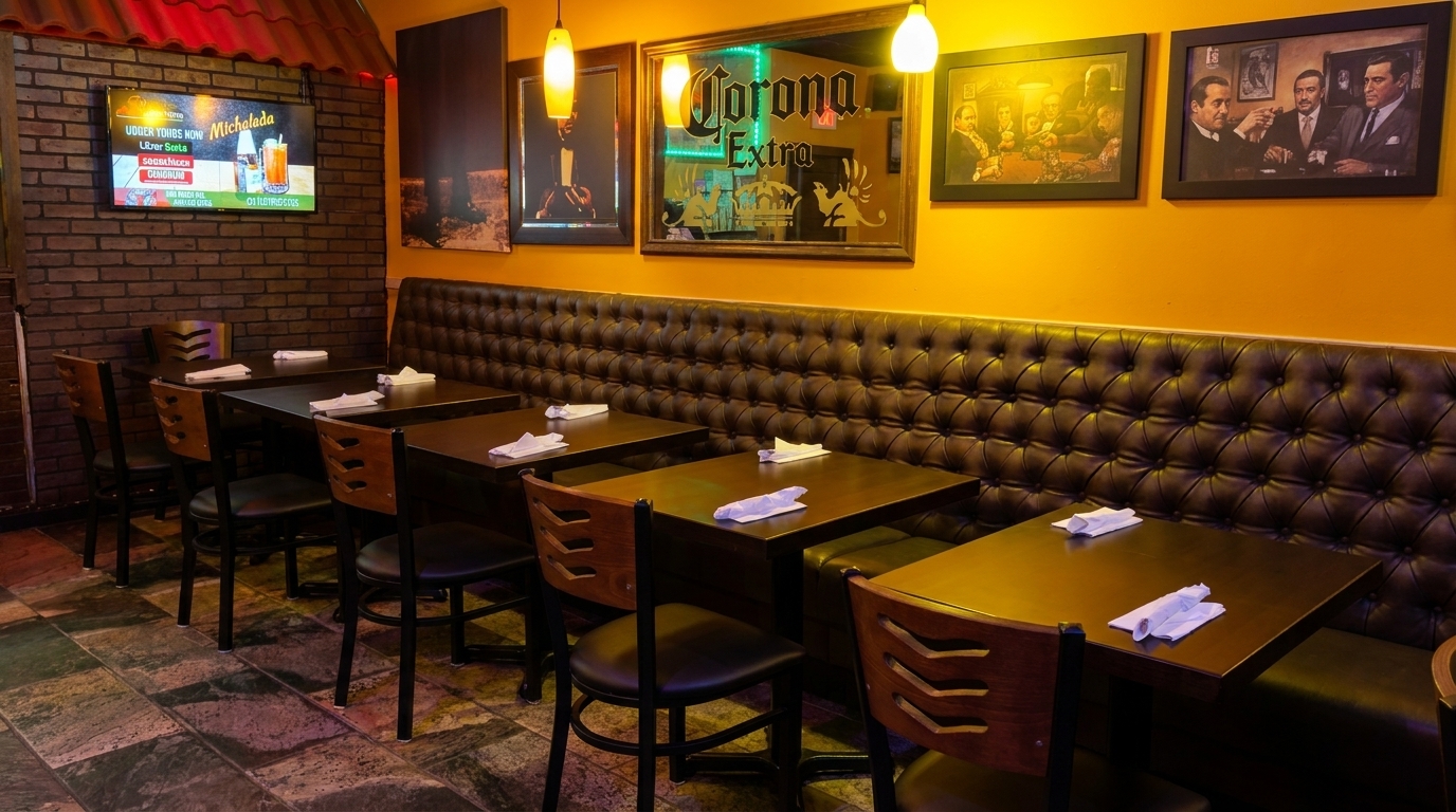 Restaurant interior with dark tables, tufted booths, brick wall, and yellow wall with framed art.