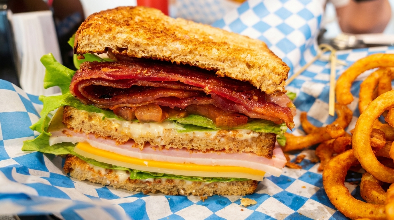 Club sandwich with bacon, ham, cheese, and lettuce, served with curly fries.