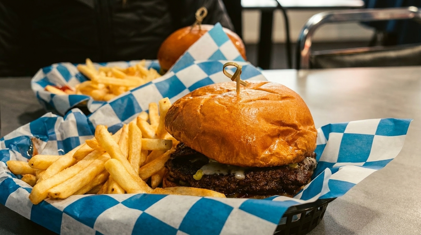 Two burgers with fries in blue and white checkered baskets on a table.