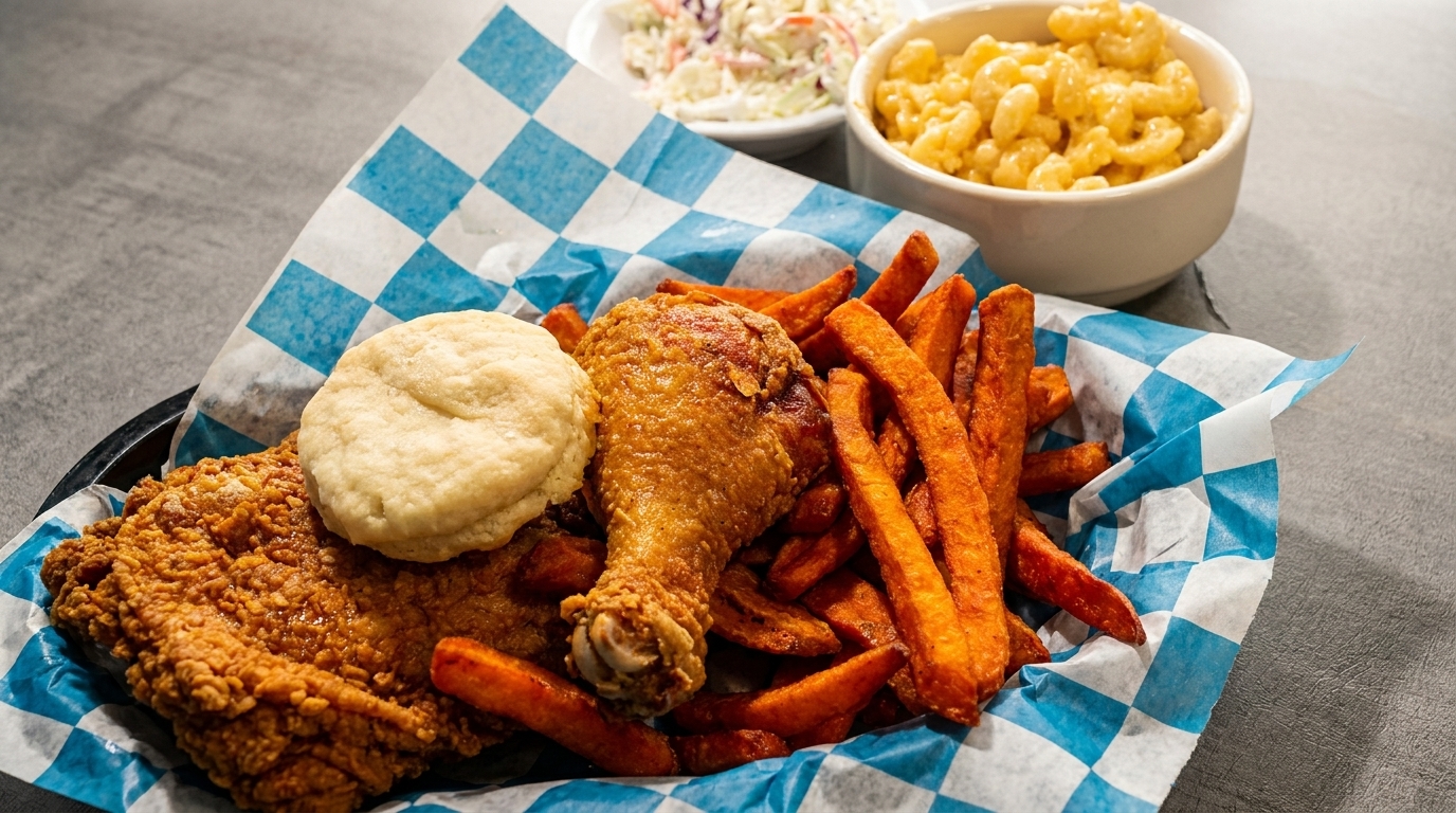 Fried chicken, biscuit, sweet potato fries, coleslaw, and macaroni and cheese.