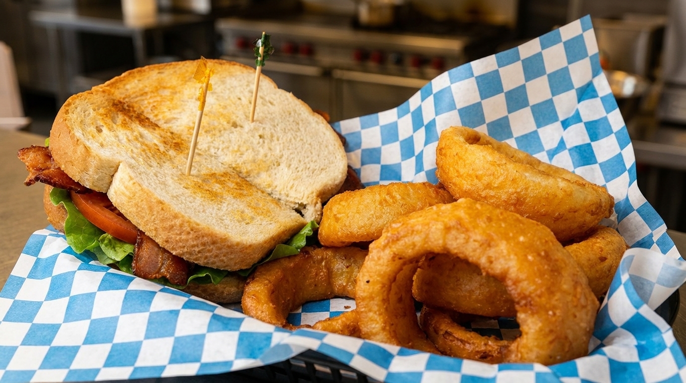 A bacon, lettuce, and tomato sandwich with onion rings in a blue and white checkered basket.