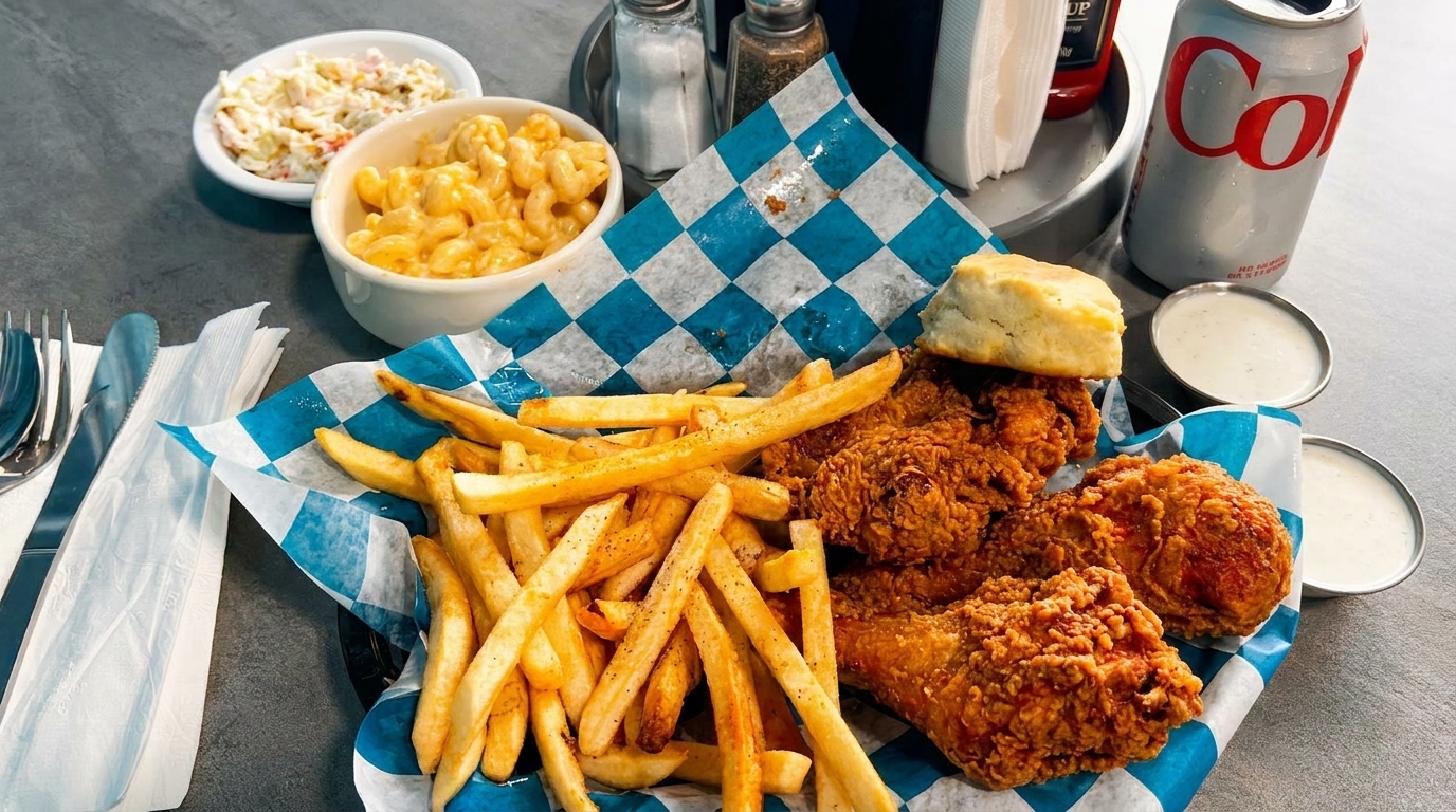 Fried chicken, french fries, a biscuit, macaroni and cheese, coleslaw, and a Diet Coke.