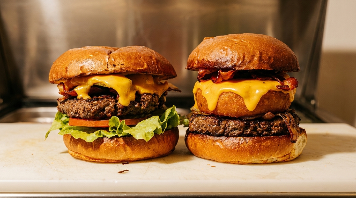 Two gourmet cheeseburgers, one with lettuce and tomato, the other with bacon and caramelized onions.