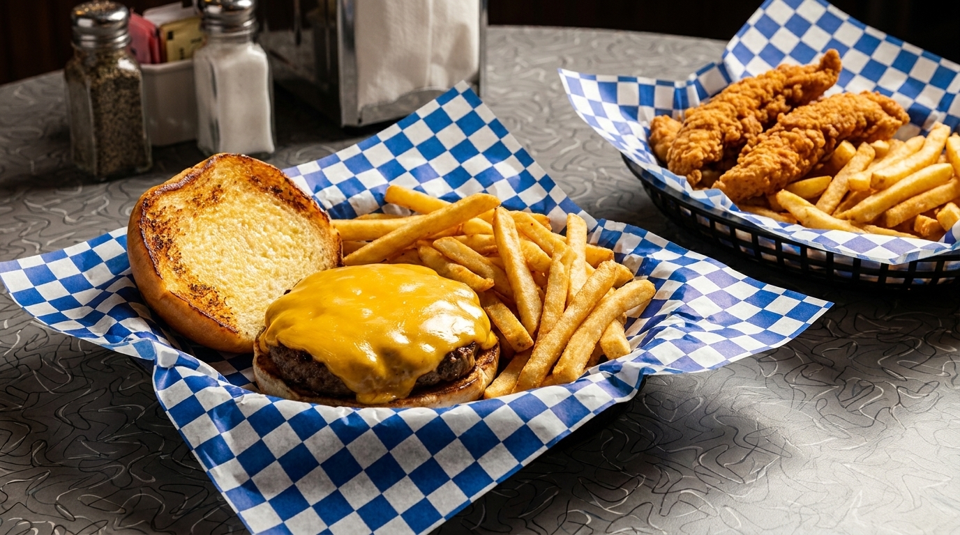 Cheeseburger and fries in a blue checkered basket, with chicken tenders and fries in the background.