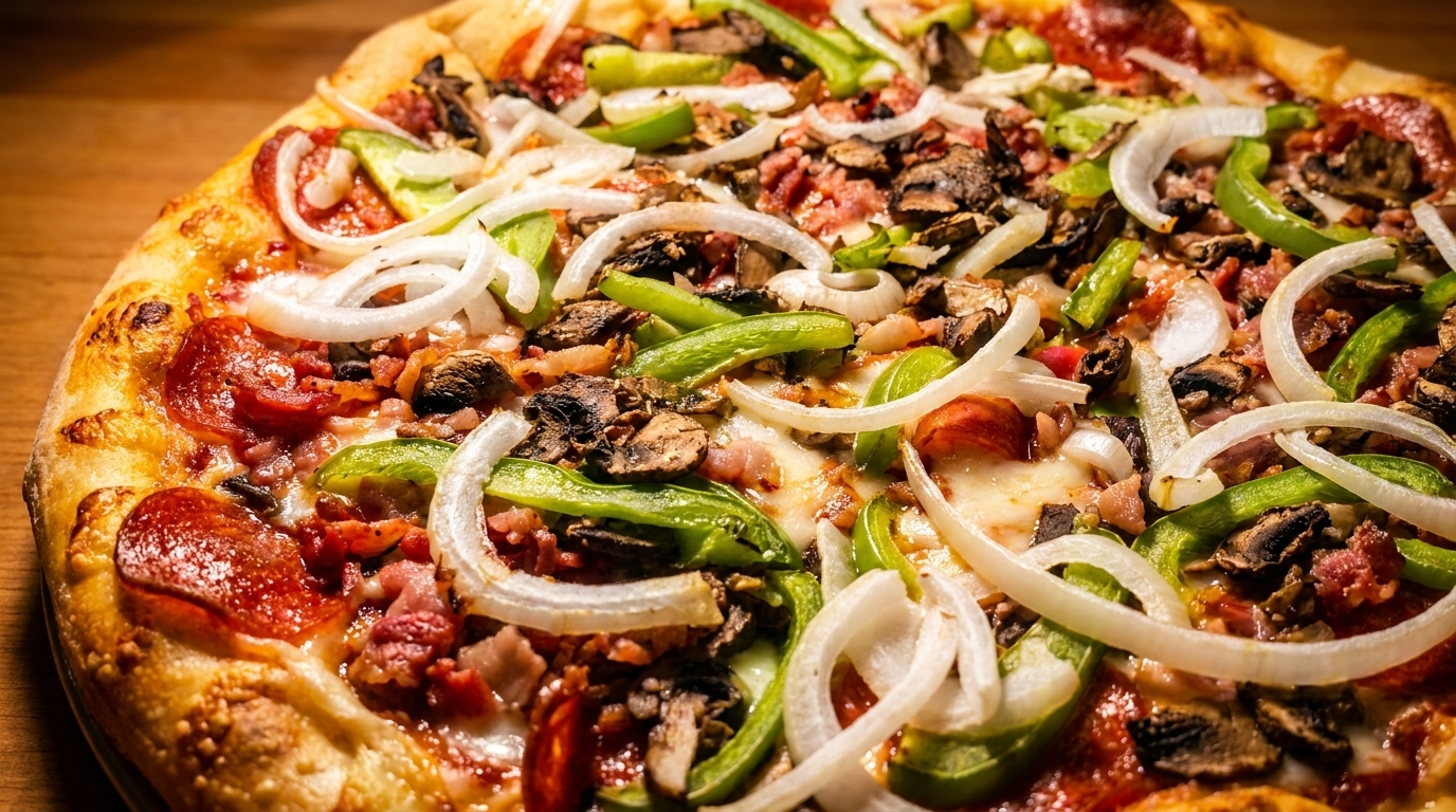 Close-up of a pizza with pepperoni, green peppers, onions, mushrooms, and bacon.