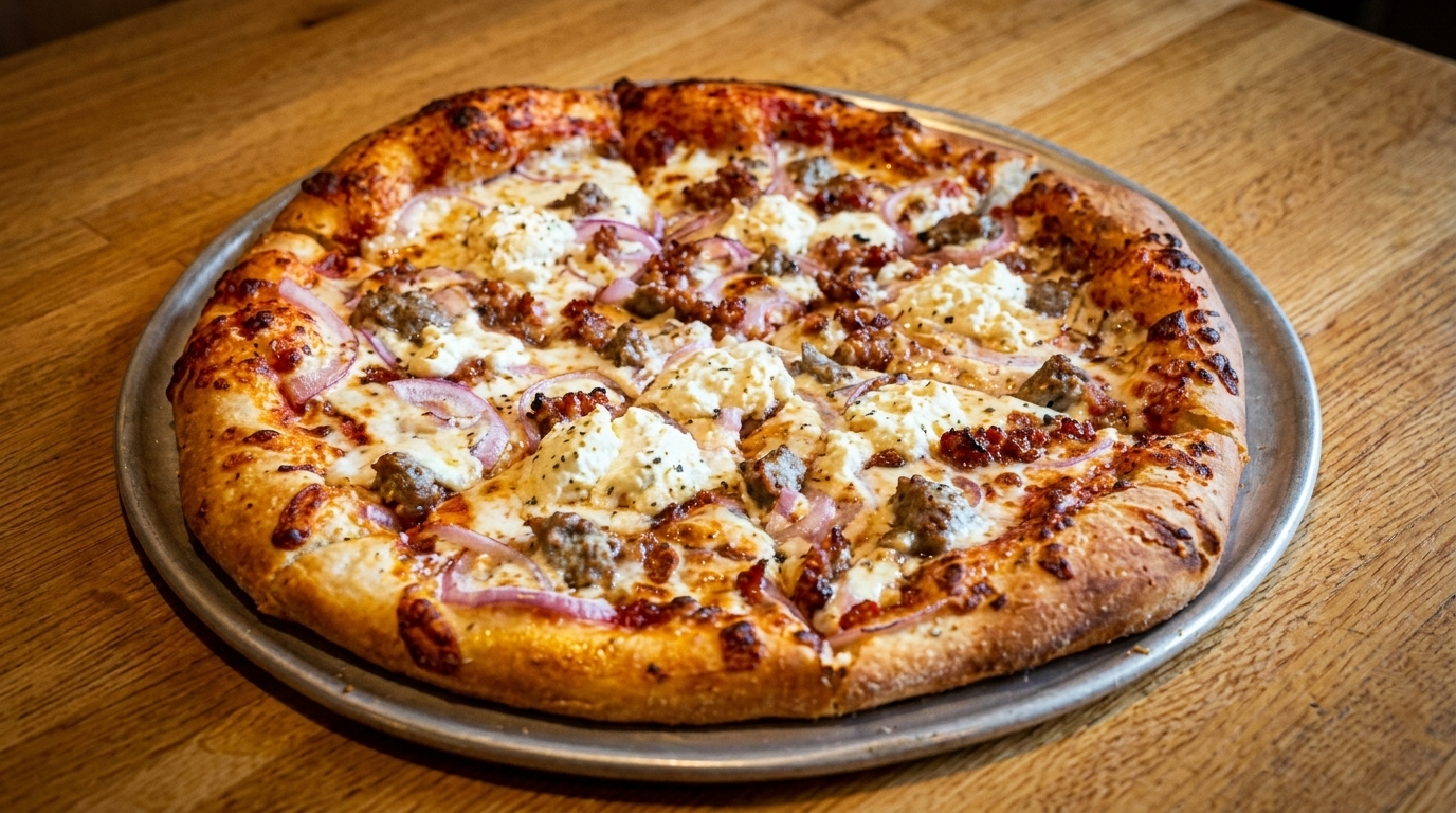 A whole pizza with sausage, red onions, and dollops of ricotta cheese on a metal pan.
