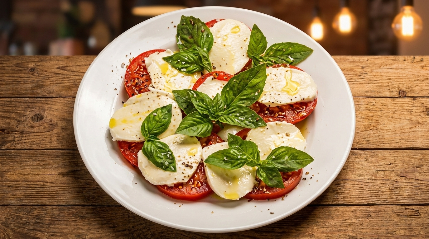 Caprese salad with fresh mozzarella, sliced tomatoes, basil, olive oil, and pepper on a white plate.