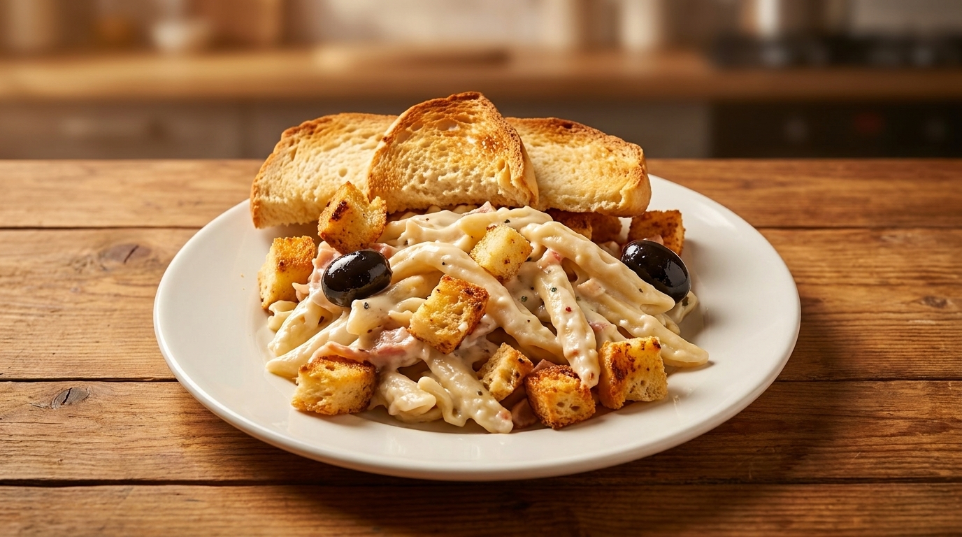 Creamy pasta with croutons, black olives, and toasted bread on a white plate on a wooden table.