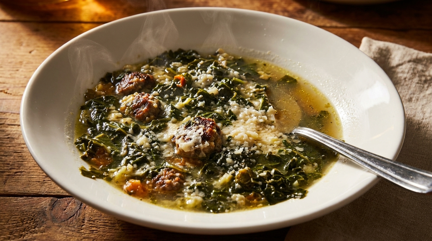 Steaming bowl of Italian wedding soup with meatballs, greens, and grated cheese on a wooden table.