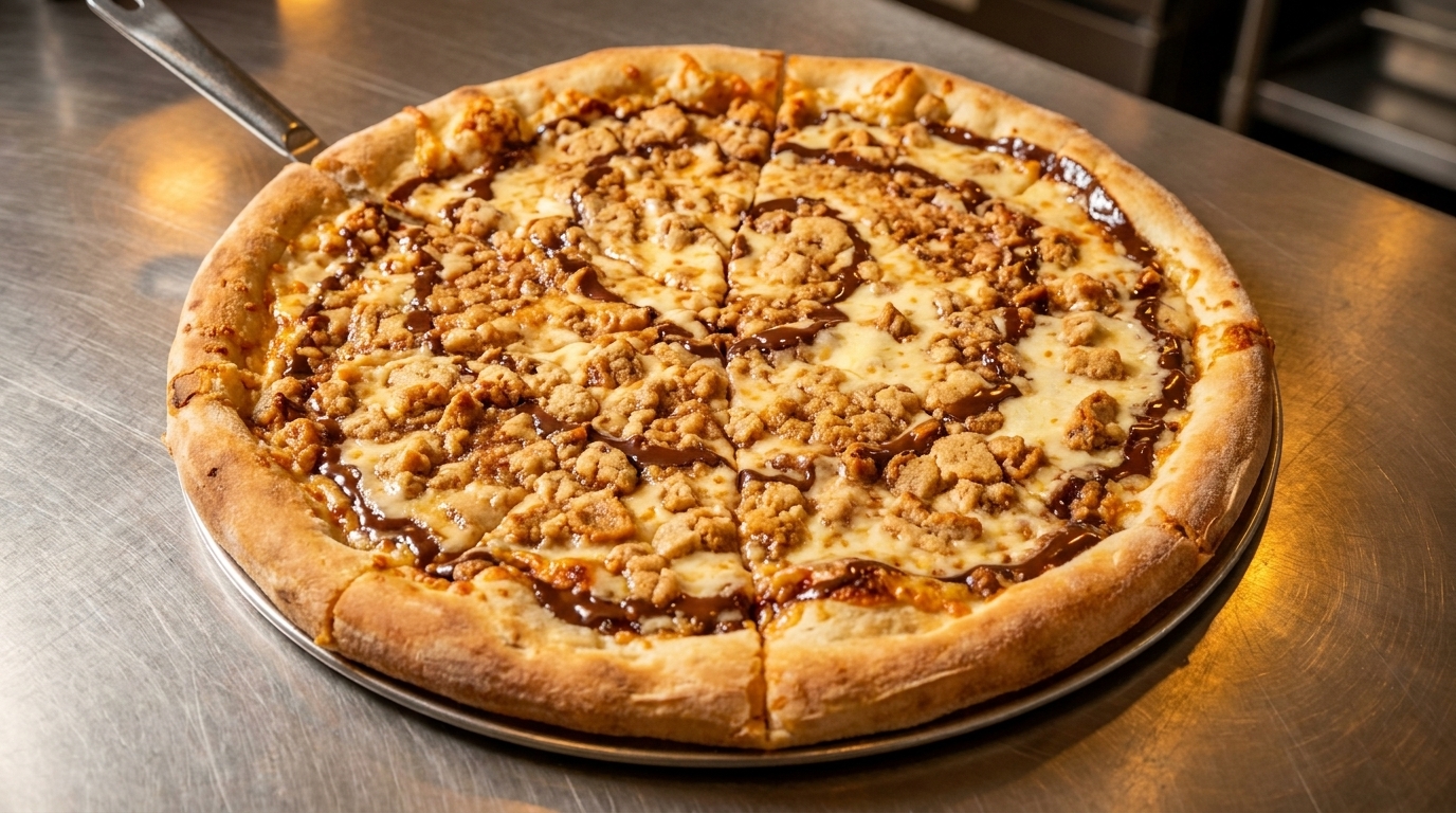A dessert pizza with cookie crumble, chocolate drizzle, and melted cheese on a metal surface.