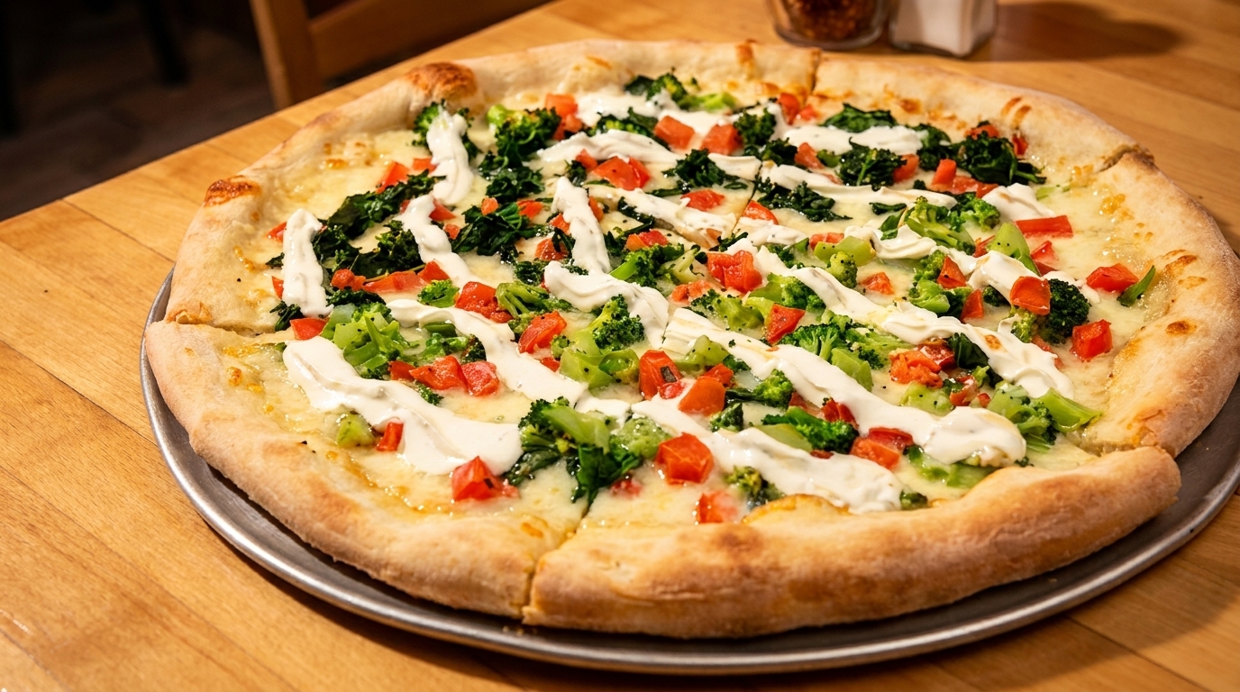 A white pizza with broccoli, diced tomatoes, and a creamy white sauce drizzle on a wooden table.