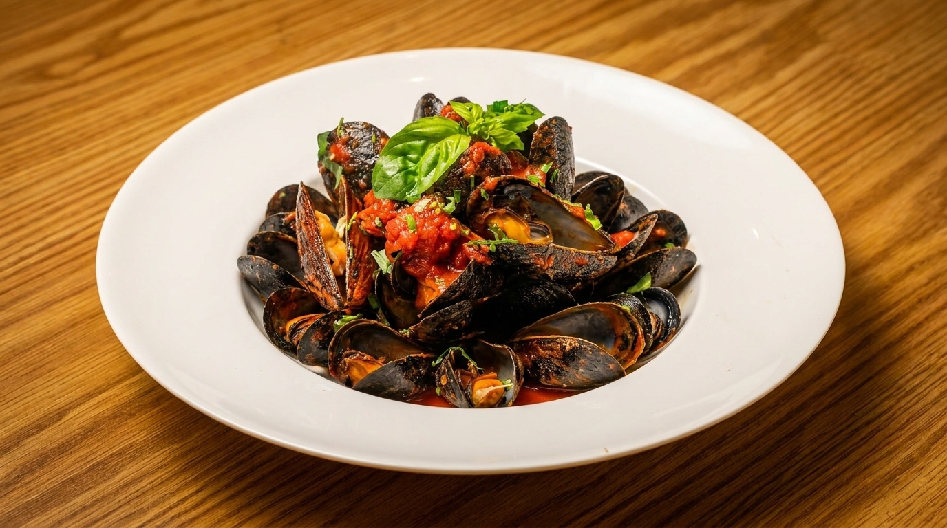 Steamed mussels in a rich red tomato sauce, garnished with fresh basil, served on a white plate.