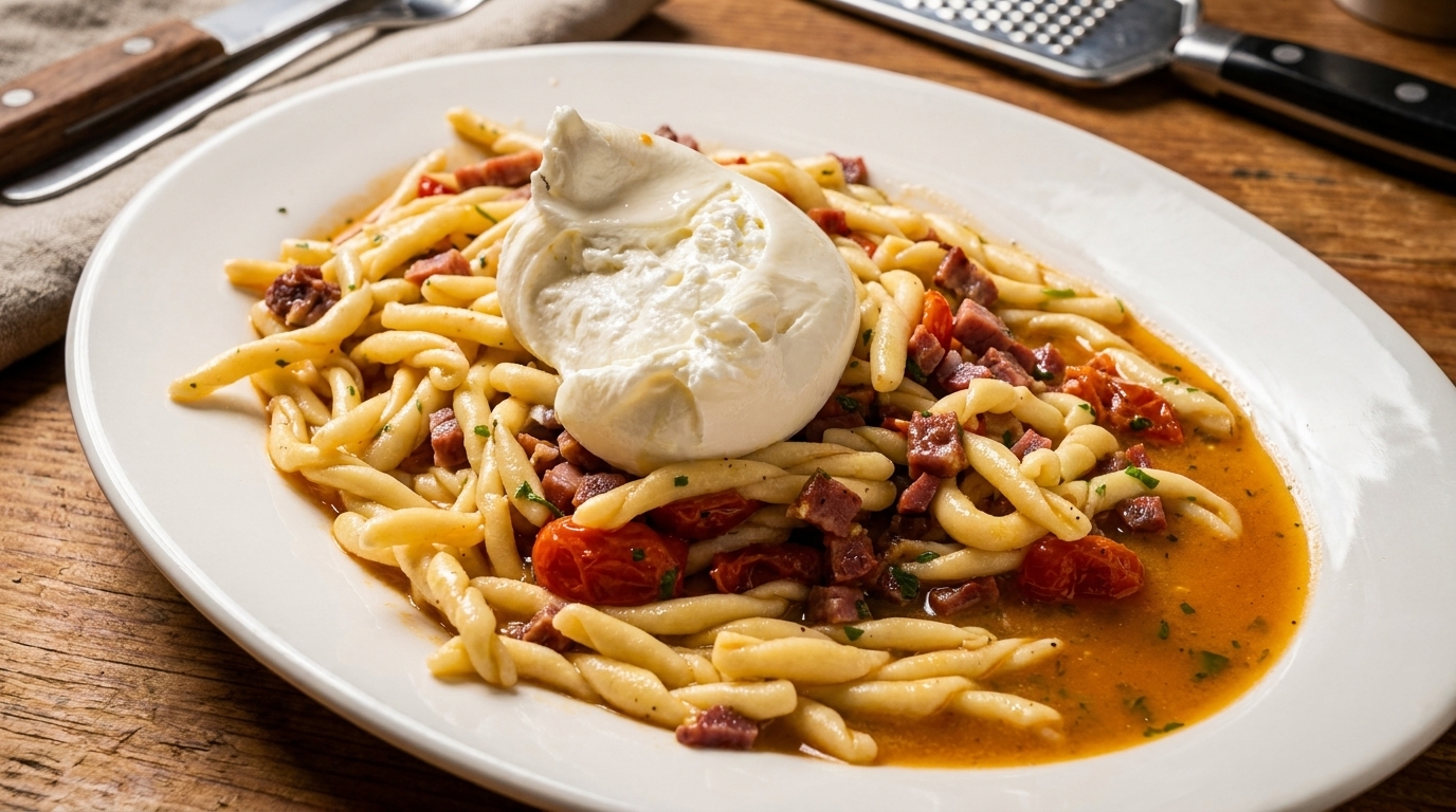 Pasta with diced meat, cherry tomatoes, and a dollop of burrata cheese in a light sauce.