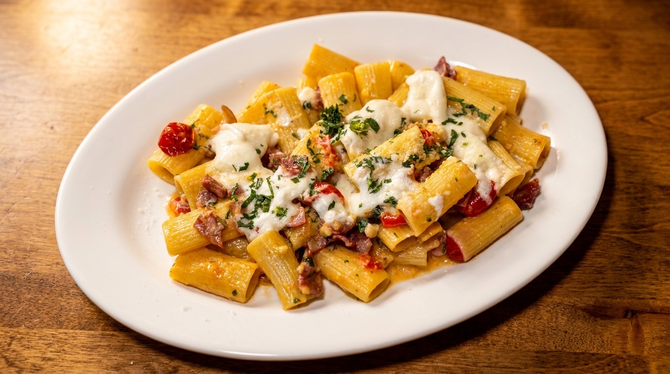 Rigatoni pasta with melted mozzarella, cherry tomatoes, bacon, and parsley on a white plate.