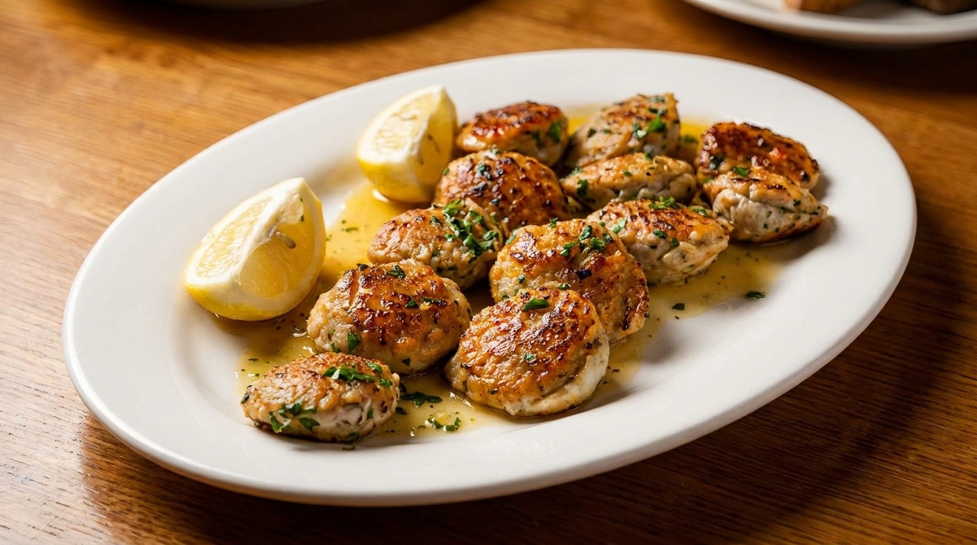 A white oval plate filled with golden-brown meatballs in a sauce, garnished with parsley and lemon wedges.