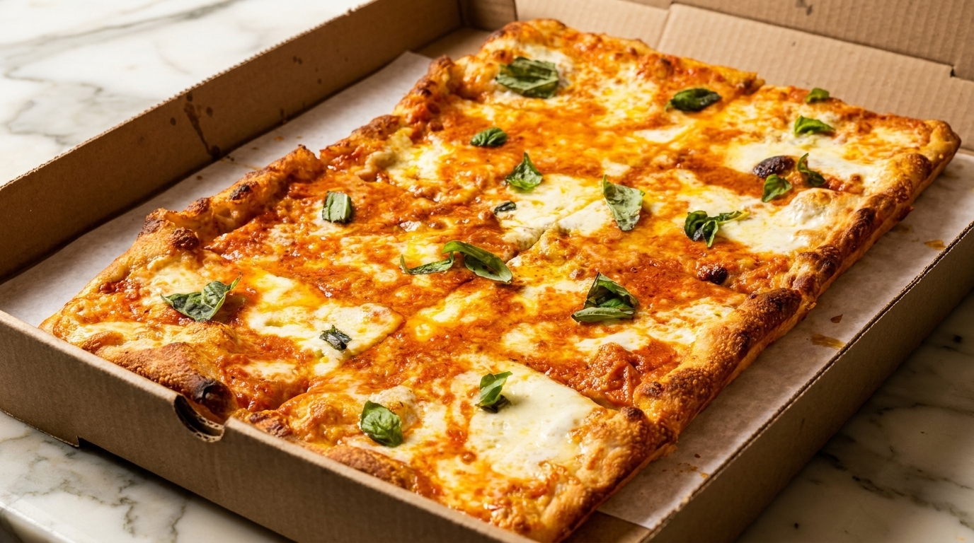 Rectangular pizza with melted cheese, red sauce, and fresh basil in a cardboard delivery box.