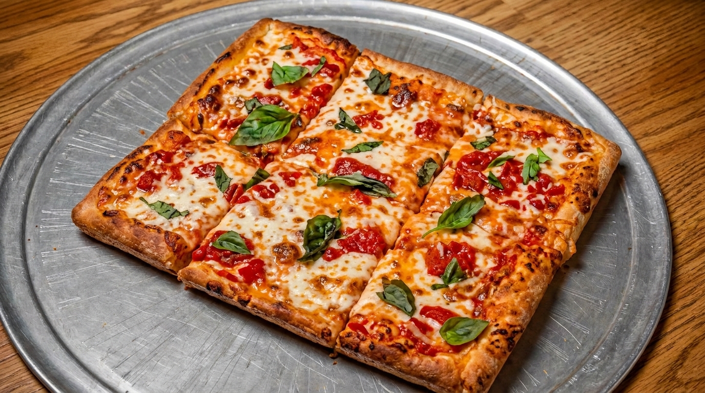 Rectangular Detroit-style pizza with melted cheese, red sauce, and fresh basil on a metal tray.