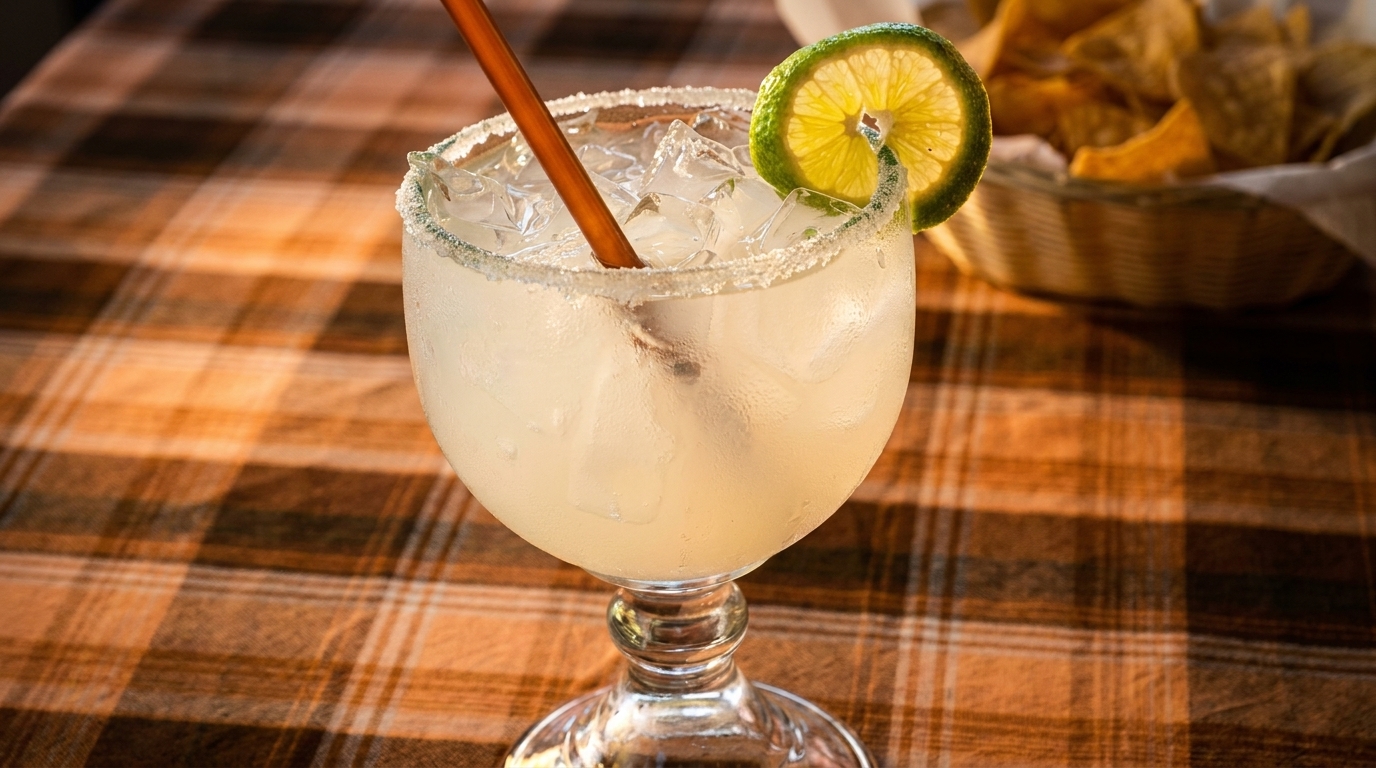 A frosty margarita with a salted rim, lime, and straw, next to a basket of tortilla chips.