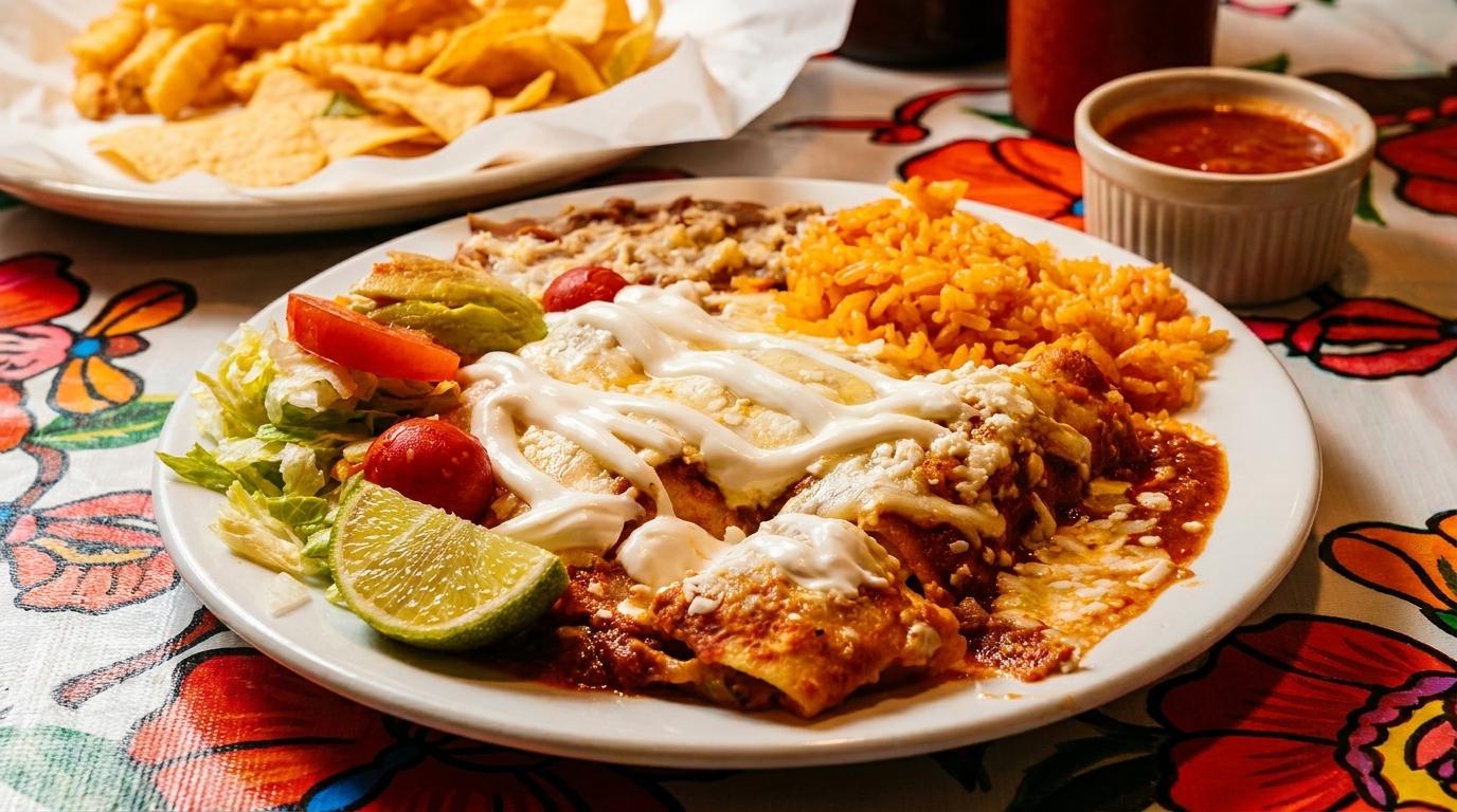 A plate of enchiladas with rice, beans, lettuce, tomato, and a lime wedge on a colorful tablecloth.