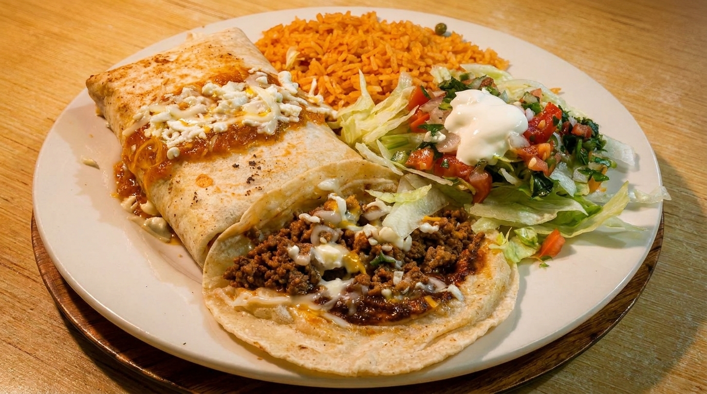 A plate of Mexican food with a burrito, taco, rice, and salad with sour cream.