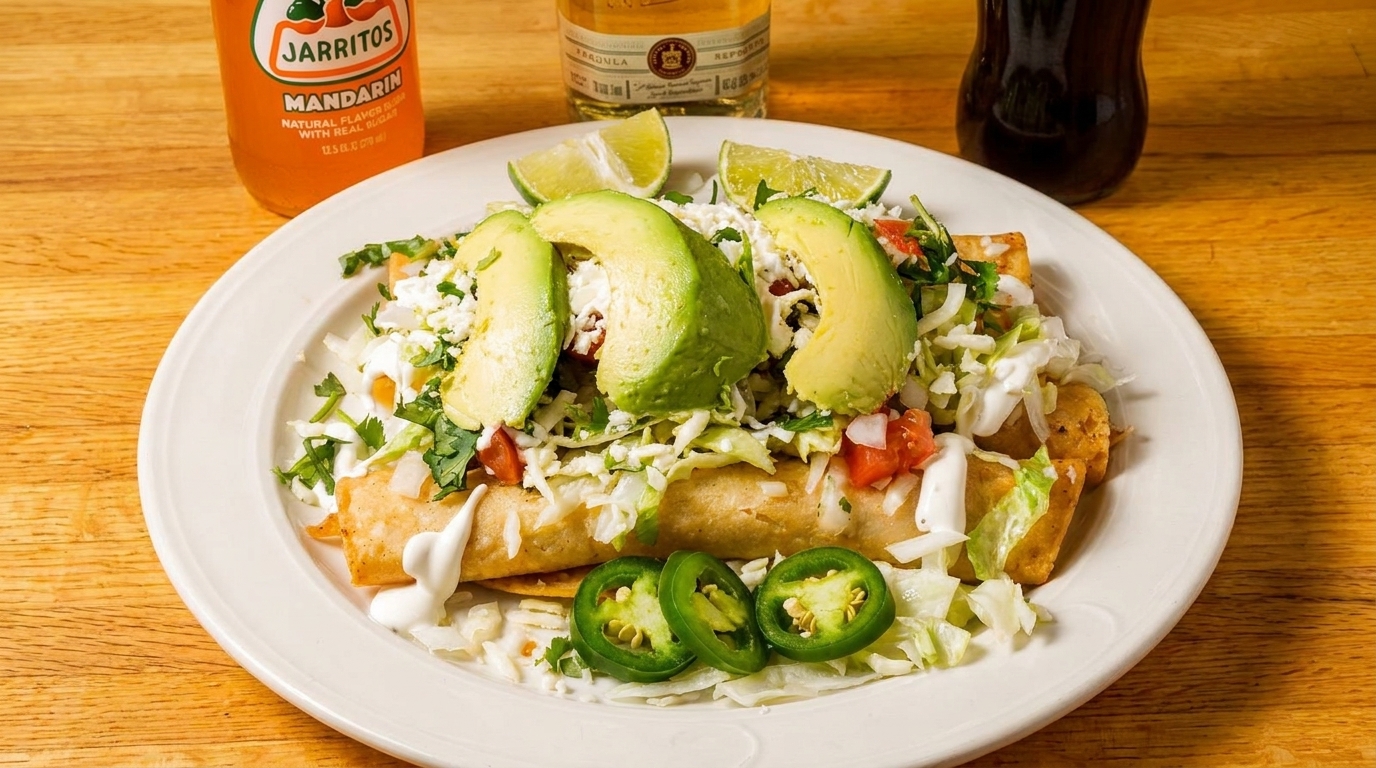 Crispy taquitos topped with avocado, lettuce, cheese, sour cream, and jalapeños, with drinks in background.